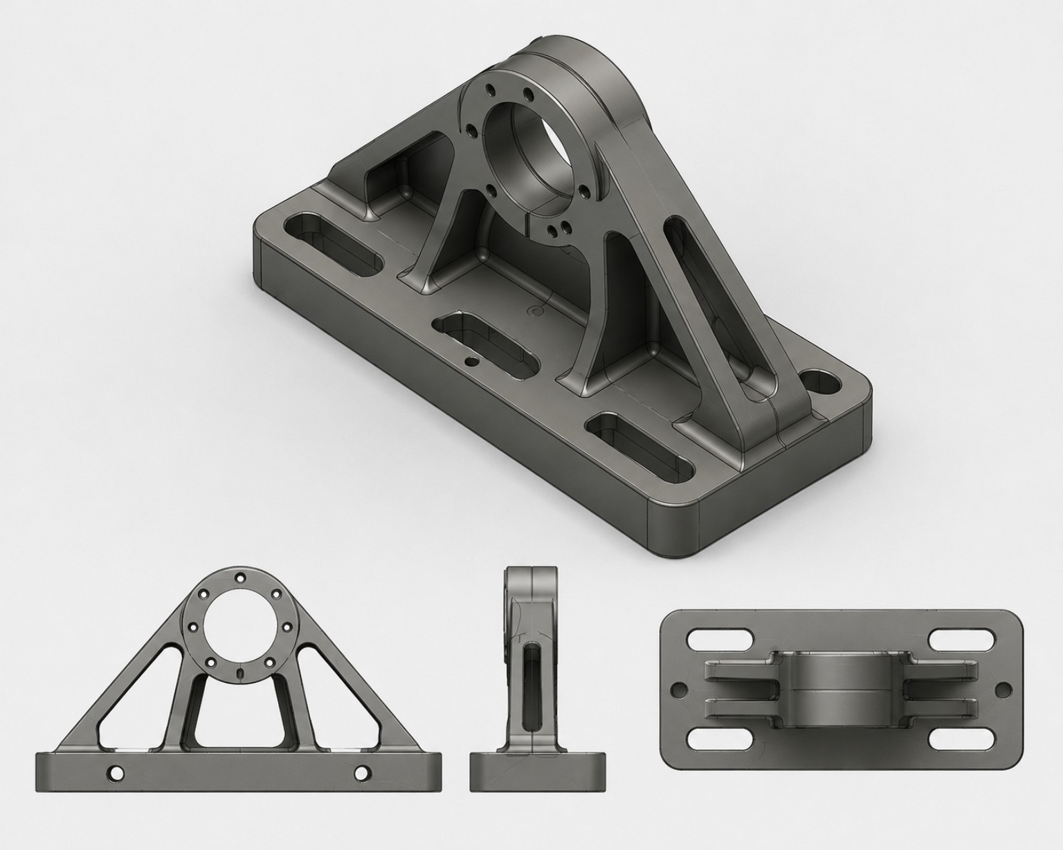 Modelo CAD de suporte mecânico com nervuras, furações e vistas técnicas